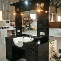 Mobilier de salon professionnel noir brillant, station de lavage de cheveux avec miroir lumineux et armoire de rangement, unité de lavage pour salon de coiffure