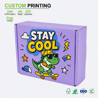 Boîtes d'expédition en carton ondulé violet lavande imprimées sur mesure, motif dinosaure skateur, boîtes cadeaux amusantes pour la vente au détail