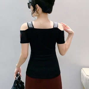 Luxury Diamond <strong>Red</strong> Heart Women <strong>Tops</strong> Square Collar Rhinestone T Shirts Double-layer Ice <strong>Silk</strong> Mesh Breathable T-shirt for Girls - Product Image 5