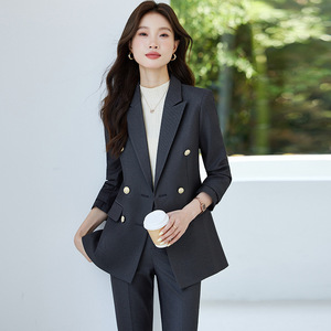 Women's Blue Suit Set Polyester Formal Autumn Anti-Wrinkle Two-Piece OL Style Professional Jacket Pants - Product Image 3