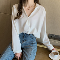 5801 # nouveau automne Style coréen Blouse ample à manches longues col en v chemise blanche bureau femmes Blouses coton bas hauts