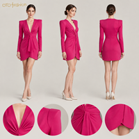 Robe courte rose pour femme, col en V, manches longues, froncée, devant croisé, élégante, pour soirée, personnalisable, OEM, marque privée