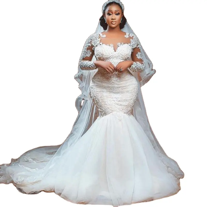 Beading Pearls Plus Size Wedding Dresses African Sheer Neck Long Sleeves Bridal Dress vestidos de novia Without Veil