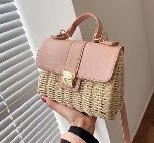 For Striped <b>Straw</b> Woven Portable Tote Bag with Leather Top Flap Hasp Closure Bohemian Style Summer Beach <b>Handbag</b> - Product Image 2