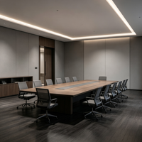 Aménagement d'Intérieur de Bureau Moderne : Hall Central Courbé, Postes de Travail Ouverts, Salles de Réunion Privées, Mur Végétal, Mobilier Commercial