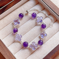 Bracelets ajustables pour femmes en alliage doré, trèfle à quatre feuilles perlé, améthyste, bracelets de mode superposés, cadeau de bijoux