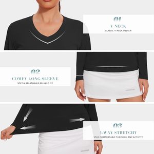 FOXA T-shirt de sport pour femme à manches longues et col en V, séchage rapide, évacuation de l'humidité, coupe ajustée, couleur unie - Product Image 3