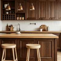 Modernes Luxus-Küchenschrank-Set in Dunklem Walnuss-Design mit Eingelassenen Paneelen, Holzinsel und Offenen Regalen mit Weinregal für Villa und Apartment