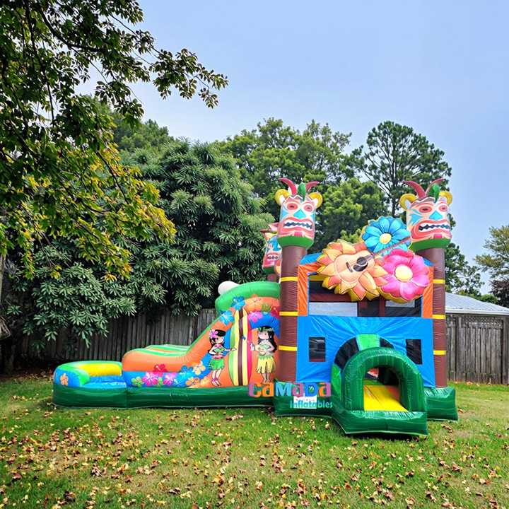 Inflatable Tiki Time Combo Moon Walk Jumping Castle and Slide Combo Backyard Bounce House and Water Slide