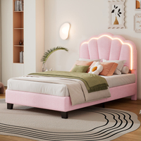 Tempat Tidur Modern Ukuran Twin Berlapis Kain Bentuk Bunga dengan Lampu LED Strip, Platform Kayu Solid, dan Penyangga Bilah Kayu