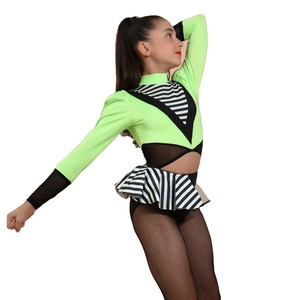 Traje de Danza Jazz/Tap para Niña, Color Amarillo Neón, Tela <span class=keywords><strong>con</strong></span> Rayas, <span class=keywords><strong>con</strong></span> Falda, Traje de Ballet para Actuaciones en Escenario - Product Image 1