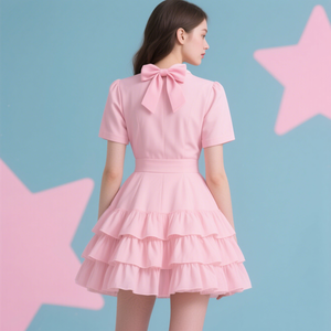 定制迷你短袖百褶雪纺v领纯色印花紧身腰半合身时尚派对预约连衣裙 - Product Image 1