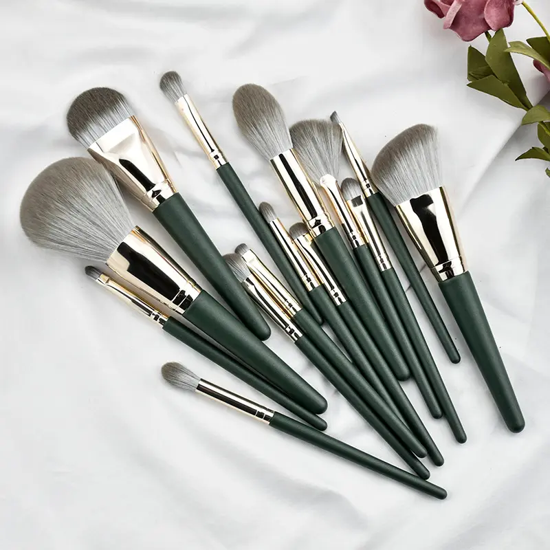 Professional 14pcs Makeup Brushes Set Dark Green Wood Handle Cosmetics Make Up Tools Powder Contour Foundation Eyeshadow Brush