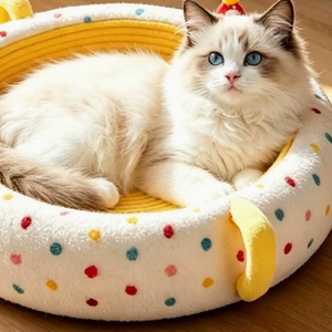 Lit rond mignon pour chat, nid douillet en peluche, design à pois colorés, maison de sommeil chaude pour chats et animaux de compagnie - Product Image 6