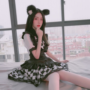 Black And White Checkered Maid Costume Plus Size Cosplay Outfit For Game Anime Role Playing Spring 2023 - Product Image 1