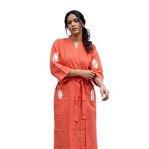 Robe longue orange pour femme, manches trois quarts, col en V, en lin et coton tissé doux, style kimono, décontractée, pour le printemps - Product Image 1
