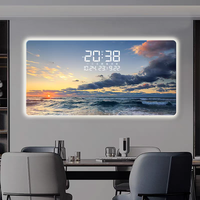 Lukisan Dinding Bingkai Porselen Kristal LED Pemandangan Laut Modern dengan Jam Digital, Dekorasi Hadiah Restoran