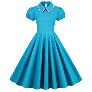 2023 Vintage 50s 60s Blue Peter Pan Collar Swing Midi Dress With Pocket Summer Cotton Tunic A Line Dresses Sundress SR225