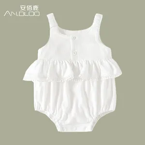 2024 mới đến Đồng bằng màu trắng trẻ sơ sinh bodysuit bé gái Rửa Tội quần áo không tay Sling bé gái Rompers