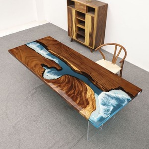 Elegante tavolino moderno in <span class=keywords><strong>resina</strong></span> con bordo epossidico a cascata Base in legno <span class=keywords><strong>bianco</strong></span> - Product Image 3