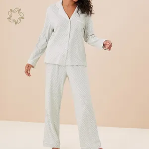 Setelan piyama katun organik untuk wanita, Set pakaian tidur malam berkelanjutan, pakaian tidur wanita, pakaian bersantai, motif pjs
