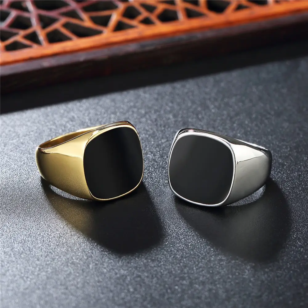 Kunden spezifischer Edelstahl personal isierter einfacher quadratischer Herren gold silber ring