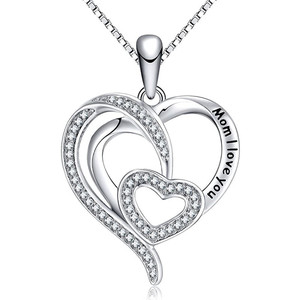 Ciondolo a Cuore con Incisione 'Mamma Ti Amo' in Cristallo e Strass, Placcato Argento, Gioiello di Moda per Donna, Regalo - Product Image 1
