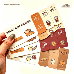 สมุดบัตรกำนัลแบบหลายส่วนที่ออกแบบเองได้สำหรับโปรโมชั่นวันเกิดร้านเค้กทุกแห่ง แผ่นคูปองพิมพ์ออฟเซ็ตพร้อมโลโก้บนกระดาษเคลือบ - Product Image 1