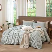 Parure de lit gingham 100% coton lavé, texturée, respirante, durable, douce, écologique, personnalisable, motif végétal moderne pour la maison