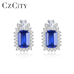 925 Sterling Silver With Blue Sapphire Gemstone Stud Earrings Emerald Cut Cubic Zircon Earring For Women Silver Fine Jewelry Gif