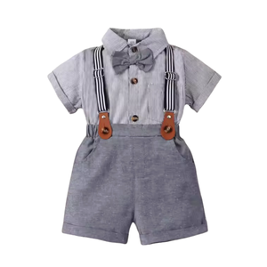 Conjunto de Ropa Formal de Verano para Bebés, Camisa a Rayas con Corbata de Moño y Pantalones Cortos con Tirantes para Niños Pequeños - Product Image 1