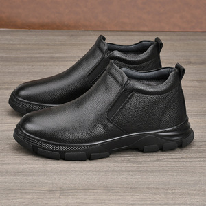 Bottines pour hommes en cuir véritable, bout rond, talon plat, doublure en fourrure, semelle extérieure en caoutchouc, bottes Chelsea isolantes, chaudes pour l'hiver, décontractées - Product Image 3