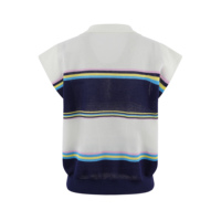 Top de punto personalizado para mujer con bajo MOQ, diseño jacquard a rayas, cuello polo, manga casquillo, media cremallera y calado