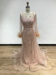 DKD013 <span class=keywords><strong>vestido</strong></span> de invitados de <span class=keywords><strong>boda</strong></span> rojo vino lujo Dubai <span class=keywords><strong>plumas</strong></span> con cuentas vestidos de noche cuello redondo manga larga vestidos de fiesta largos para mujeres - Product Image 3