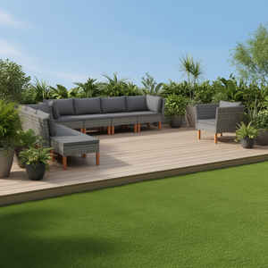 ชุดโซฟาหวายโพลีและไม้ยูคาลิปตัสสีเทา 9 ชิ้น เฟอร์นิเจอร์กลางแจ้ง ดีไซน์ร่วมสมัย - Product Image 2