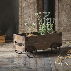 Rustik tarzı yaratıcı ev eski çiftlik dekorasyon ahşap ve Metal <span class=keywords><strong>Handcart</strong></span> raf balkon çiçek rafı - Product Image 1