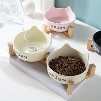 Bol pour animaux de compagnie rond en céramique et bois, portable et élégant, pour chats et chiens, avec support en bois anti-basculement, double bol, noir