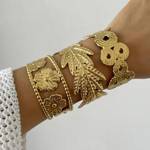 Classic Style Trendy 18K Gold Stainless Steel <b>Flower</b> Wide Open Fashion Women's Wedding Cuff <b>Bracelets</b> - Product Image 5