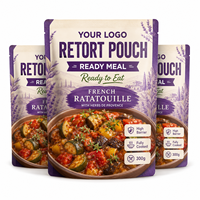 Sachet refermable imprimé sur mesure à trois soudures, résistant aux hautes températures (121°C), pour emballage alimentaire de ratatouille française et plats préparés