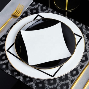 Vajilla de cerámica para hotel, platos negros con borde dorado, porcelana, platos planos de 8 pulgadas y 10,5 pulgadas para restaurantes - Product Image 1