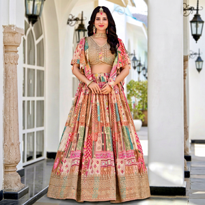 Conjunto de Lehenga Choli Tradicional para Mujer, Color Beige Rosado, Seda Chinnon, Estampado Digital, Secado Rápido, Blusa Bordada, Largo hasta el Suelo, para Boda - Product Image 1