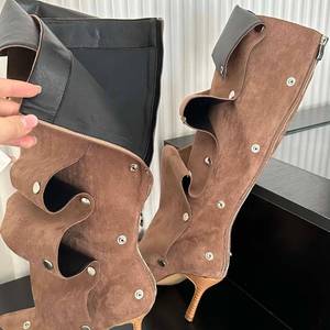 Removable Buttons Decorated Fashion Botas Para Mujer Thin Heel Knee High Denim <b>Boots</b> for Women Shoes - Product Image 6