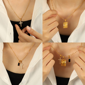 European American Trend Cross Black Zirconia Square Pendant <b>Titanium</b> Steel Necklace Gold Color Fashion Jewelry - Product Image 4