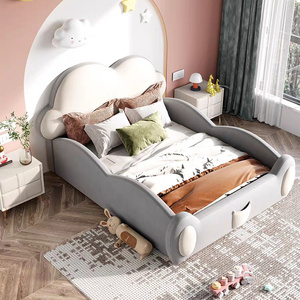 Lit d'enfant moderne au design nuage mignon avec toboggan et barrières de sécurité, cadre de lit rembourré doux pour garçons et filles - Product Image 4