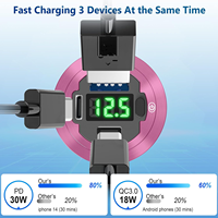 Prise double 78W 12V, chargeur rapide USB-C PD & QC3.0 en métal rouge avec voltmètre et interrupteur