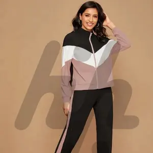 Women Sporty Tracksuit Zip Up Chevron Color block Sweatshirt & Joggers Set Funnel Neck Zipper Side Stripe Long Sleeve Multicolor