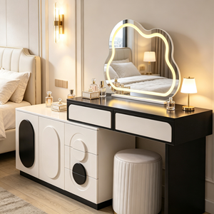 Modern White Luxury Wood Panel Makeup <b>Vanity</b> with Lighted Mirror and Storage Drawers - Product Image 3