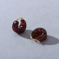 Boucles d'oreilles créoles vintage marron écaille de tortue pour femme, plaqué or, motif ambre en résine, forme C épaisse, bijoux rétro, cadeau