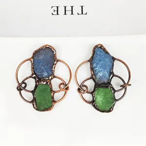 Soldered Jewelry Vintage antique bronze plating natural raw stone pendant green fluorite aqua connector for necklace making