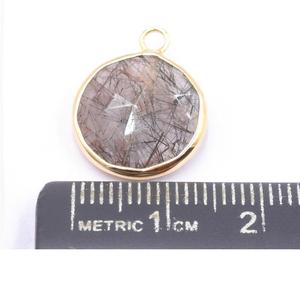 Quartz rutile noir forme ronde 925 lunette en argent Sterling plaqué or pendentif fabrication de bijoux faits à la main - Product Image 3